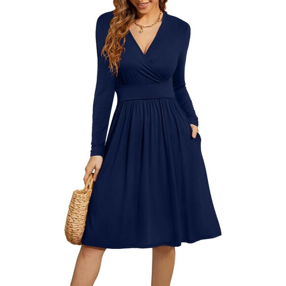 Dresses & Skirts - Women Long Sleeve Navy Blue Short Sleeve V-Neck Floral Party Dress with Pockets